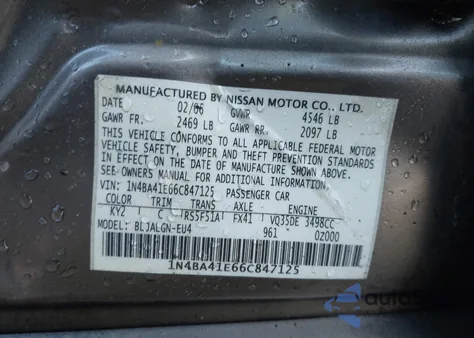 2006 Nissan Maxima Se/Sl z USA, uszkodzony, nr VIN 1N4BA41E66C847125